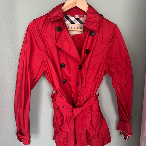 red burberry rain jacket